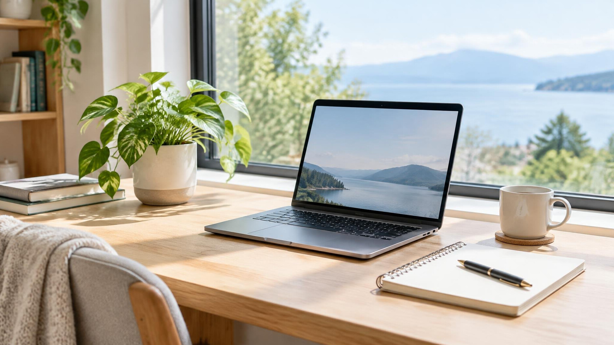 Bright workspace with a laptop and notebook