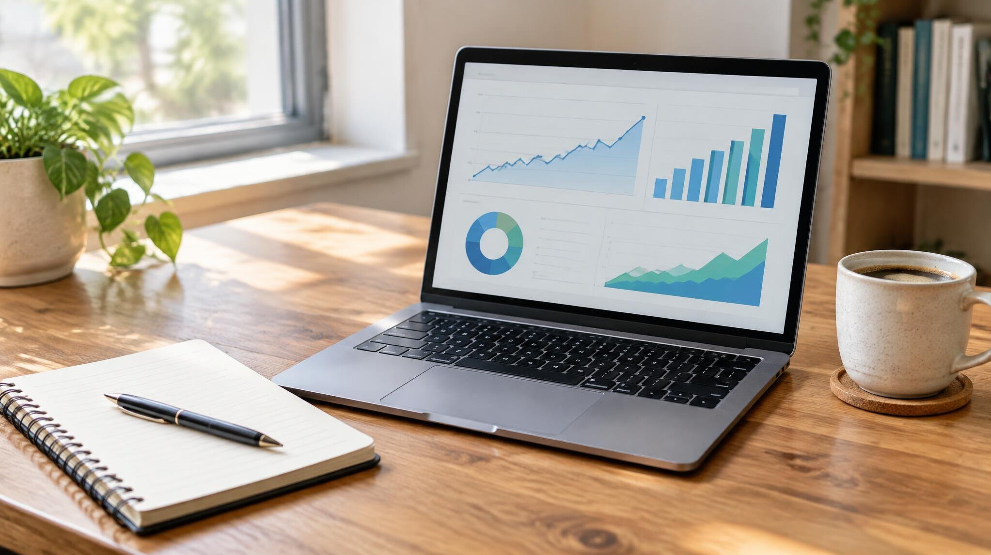 Laptop with charts and a notebook on a desk
