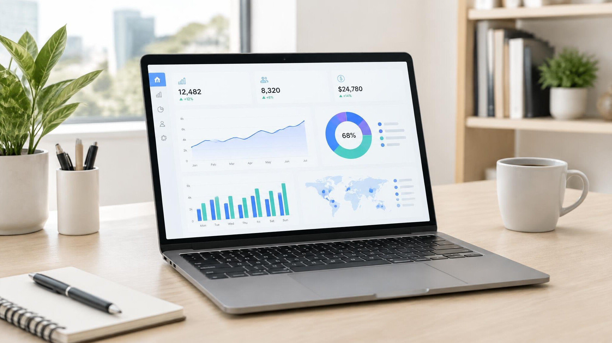 Laptop showing analytics dashboard with charts